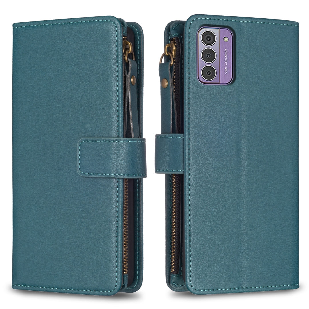 Nokia G42 Leather Flip Wallet Phone Case with 9 Card Slots, Zipper Compartment, and Adjustable Stand