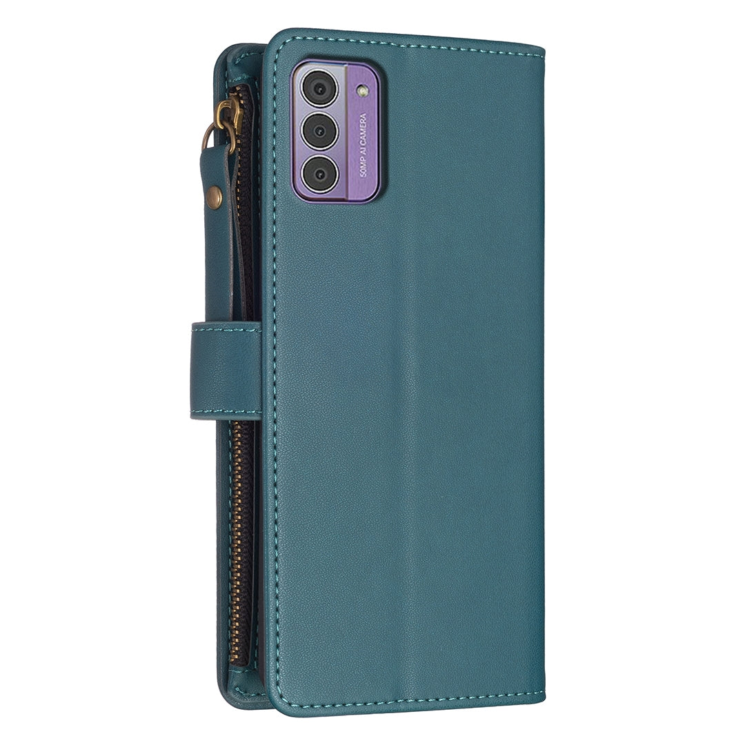 Nokia G42 Leather Flip Wallet Phone Case with 9 Card Slots, Zipper Compartment, and Adjustable Stand