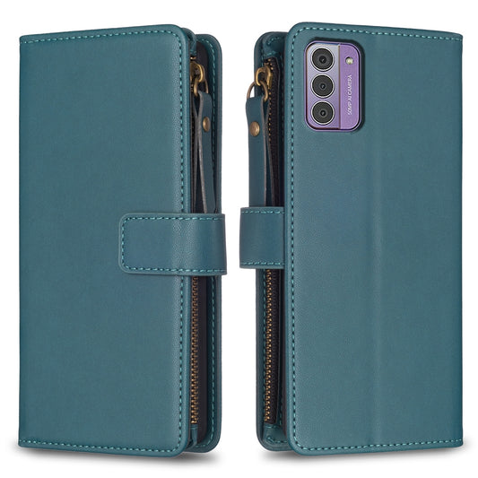 Nokia G310 Leather Flip Wallet Phone Case with 9 Card Slots, Zipper Compartment, and Adjustable Stand