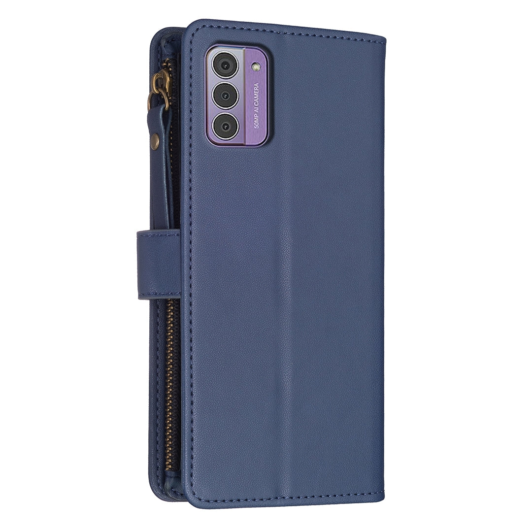 Nokia G42 Leather Flip Wallet Phone Case with 9 Card Slots, Zipper Compartment, and Adjustable Stand