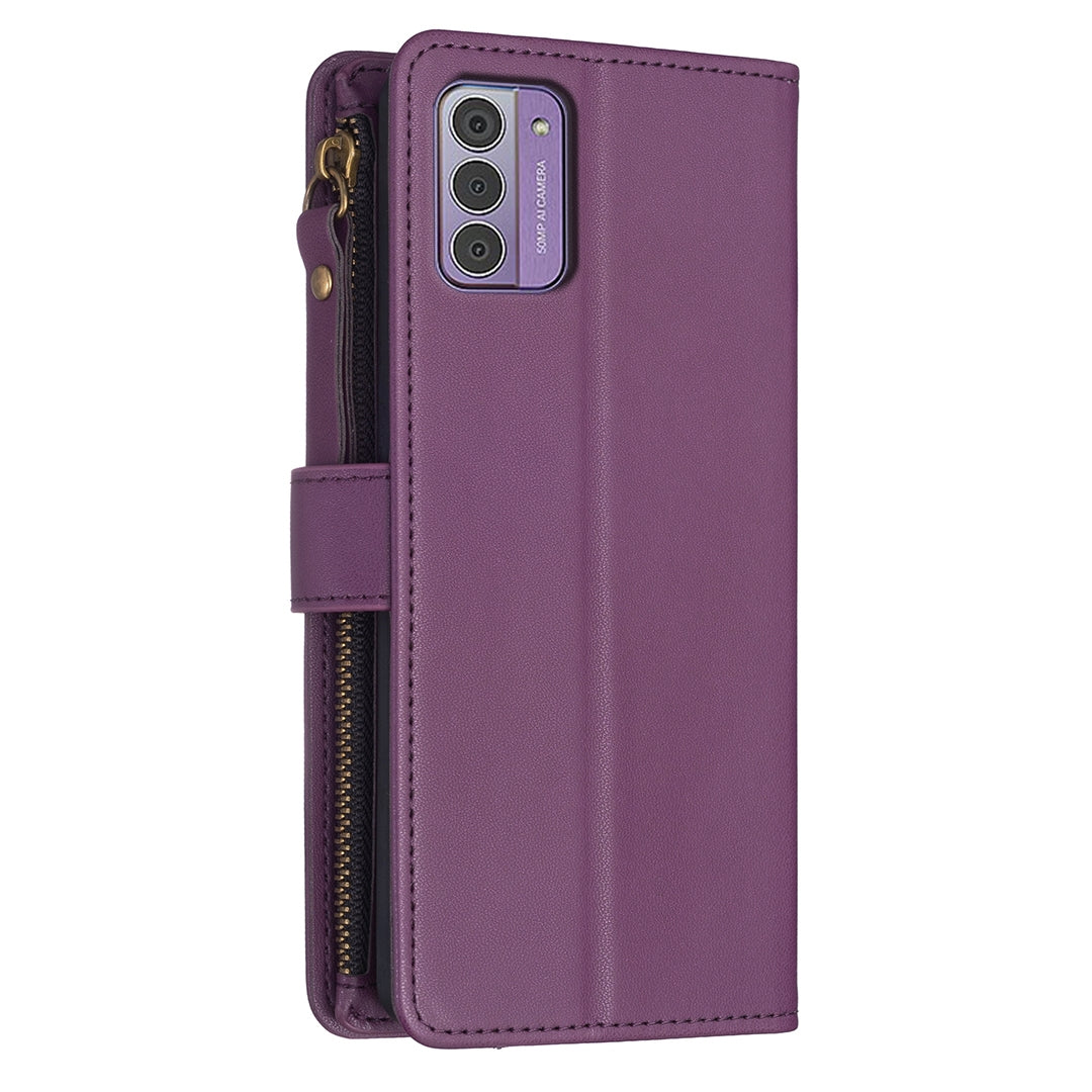 Nokia G42 Leather Flip Wallet Phone Case with 9 Card Slots, Zipper Compartment, and Adjustable Stand