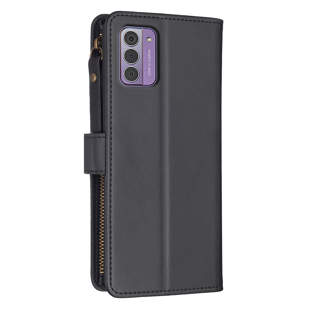 Nokia G42 Leather Flip Wallet Phone Case with 9 Card Slots, Zipper Compartment, and Adjustable Stand