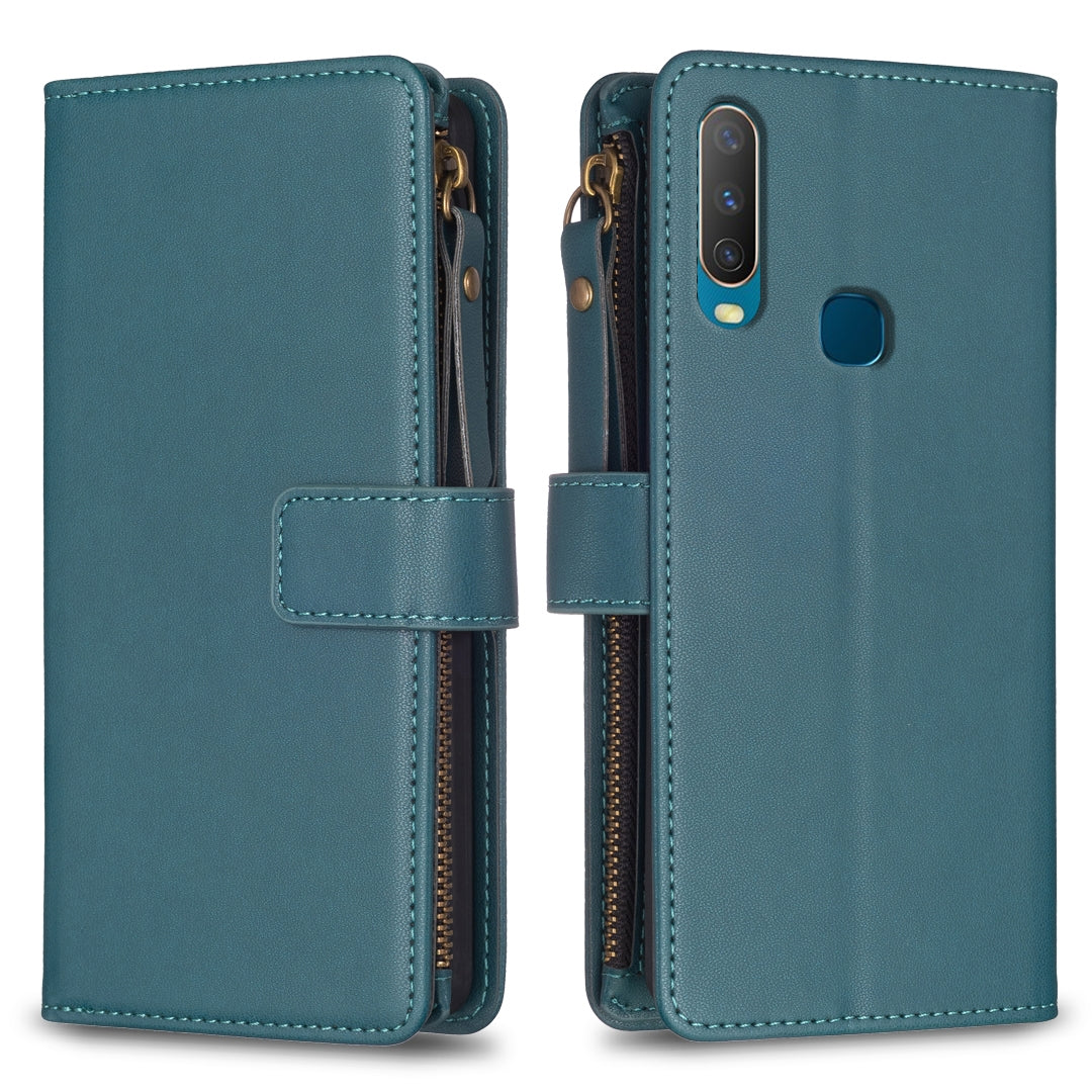 vivo Y11 Leather Flip Wallet Phone Case with 9 Card Slots, Zipper Compartment, and Adjustable Stand