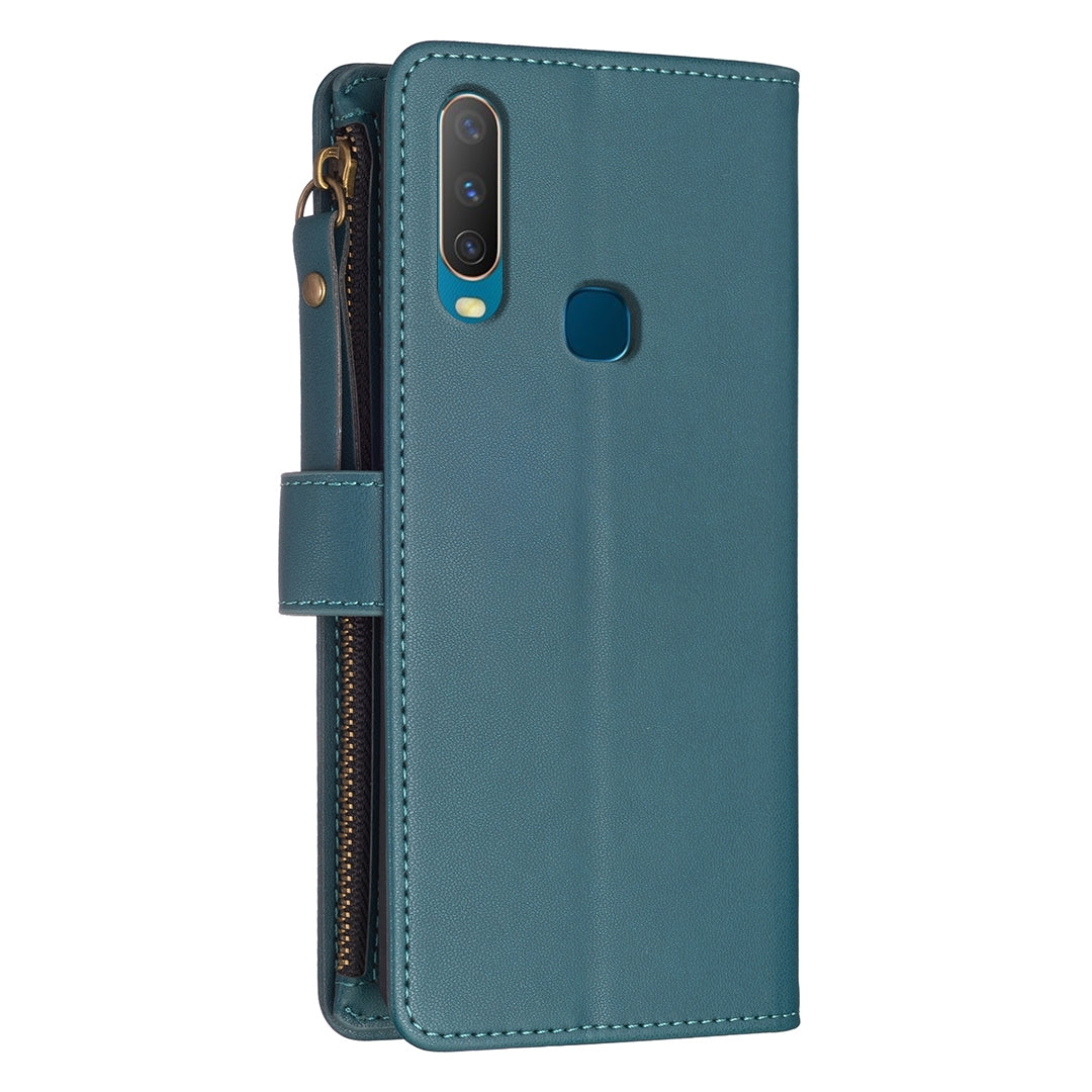 vivo Y15 Leather Flip Wallet Phone Case with 9 Card Slots, Zipper Compartment, and Adjustable Stand