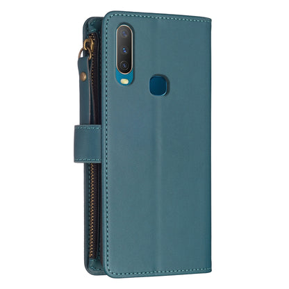vivo Y17 Leather Flip Wallet Phone Case with 9 Card Slots, Zipper Compartment, and Adjustable Stand