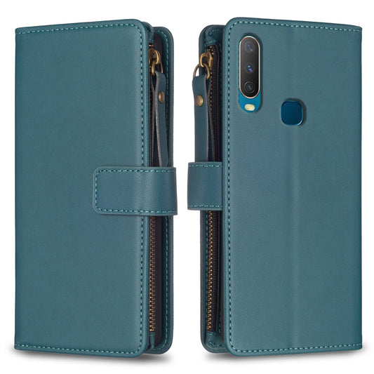 vivo Y12 Leather Flip Wallet Phone Case with 9 Card Slots, Zipper Compartment, and Adjustable Stand