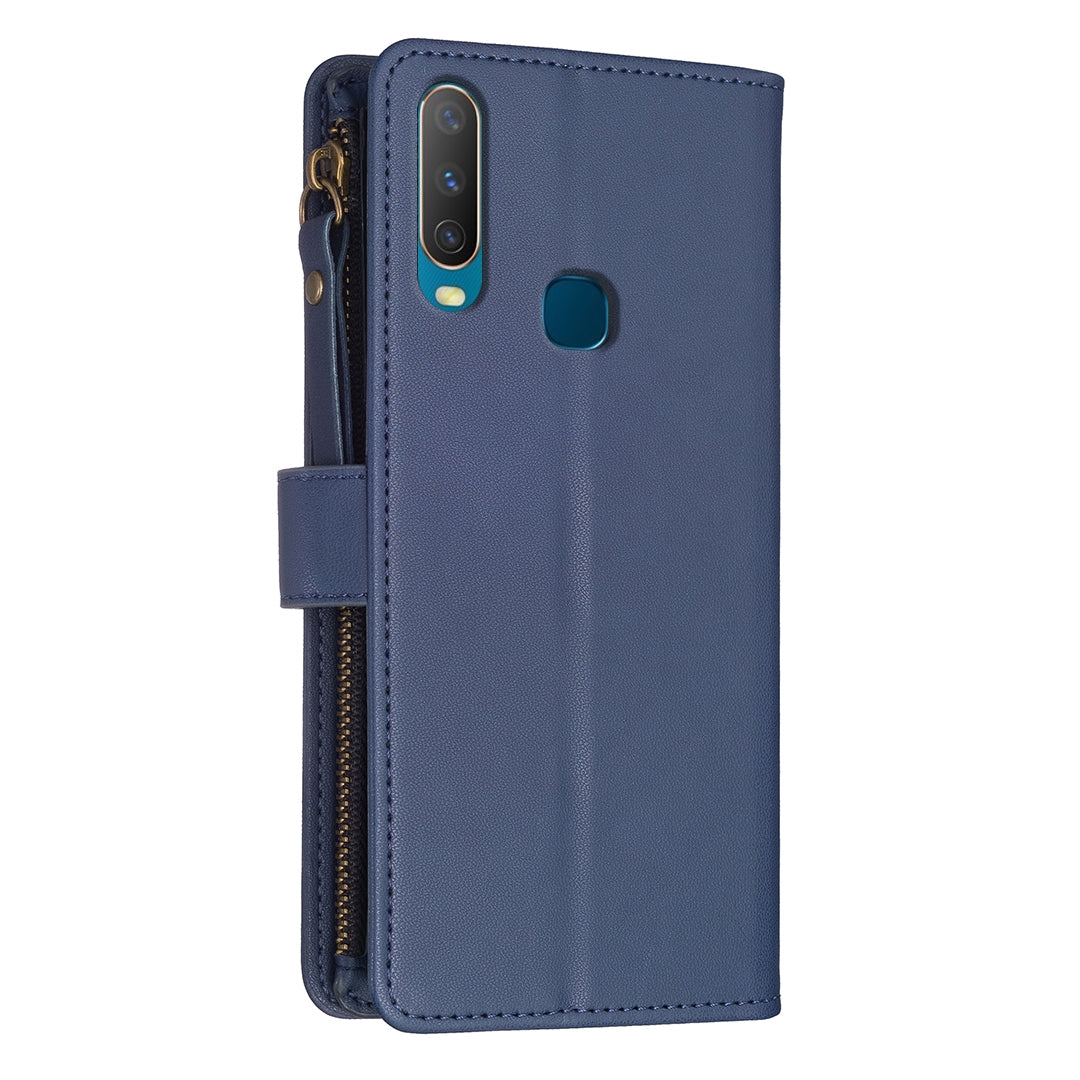 vivo Y12 Leather Flip Wallet Phone Case with 9 Card Slots, Zipper Compartment, and Adjustable Stand