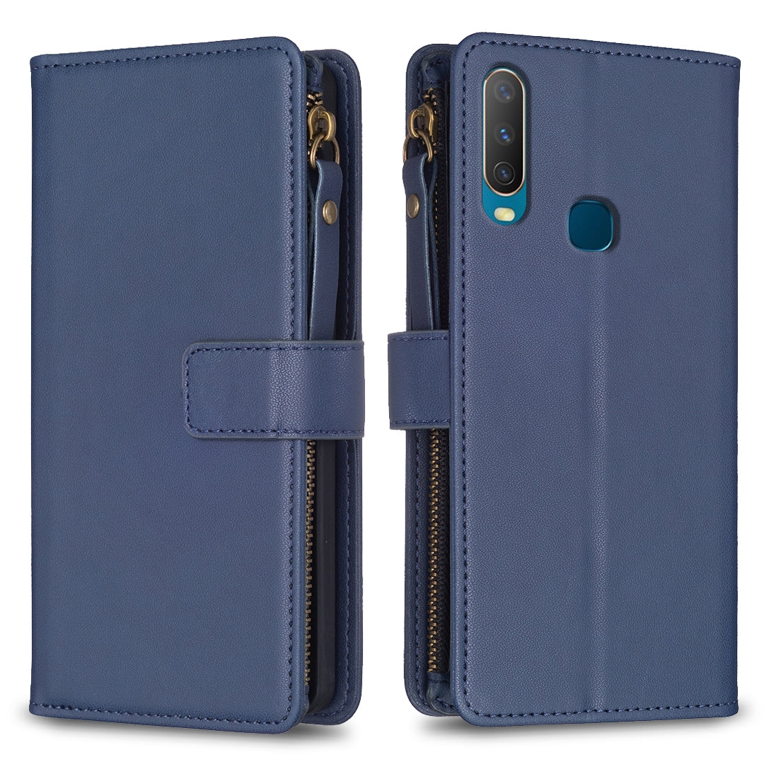 vivo Y17 Leather Flip Wallet Phone Case with 9 Card Slots, Zipper Compartment, and Adjustable Stand