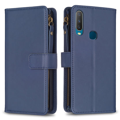 vivo Y17 Leather Flip Wallet Phone Case with 9 Card Slots, Zipper Compartment, and Adjustable Stand