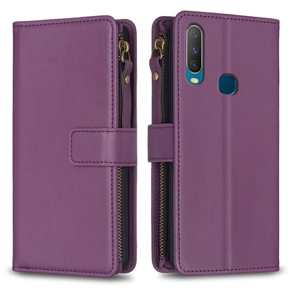 vivo Y11 Leather Flip Wallet Phone Case with 9 Card Slots, Zipper Compartment, and Adjustable Stand