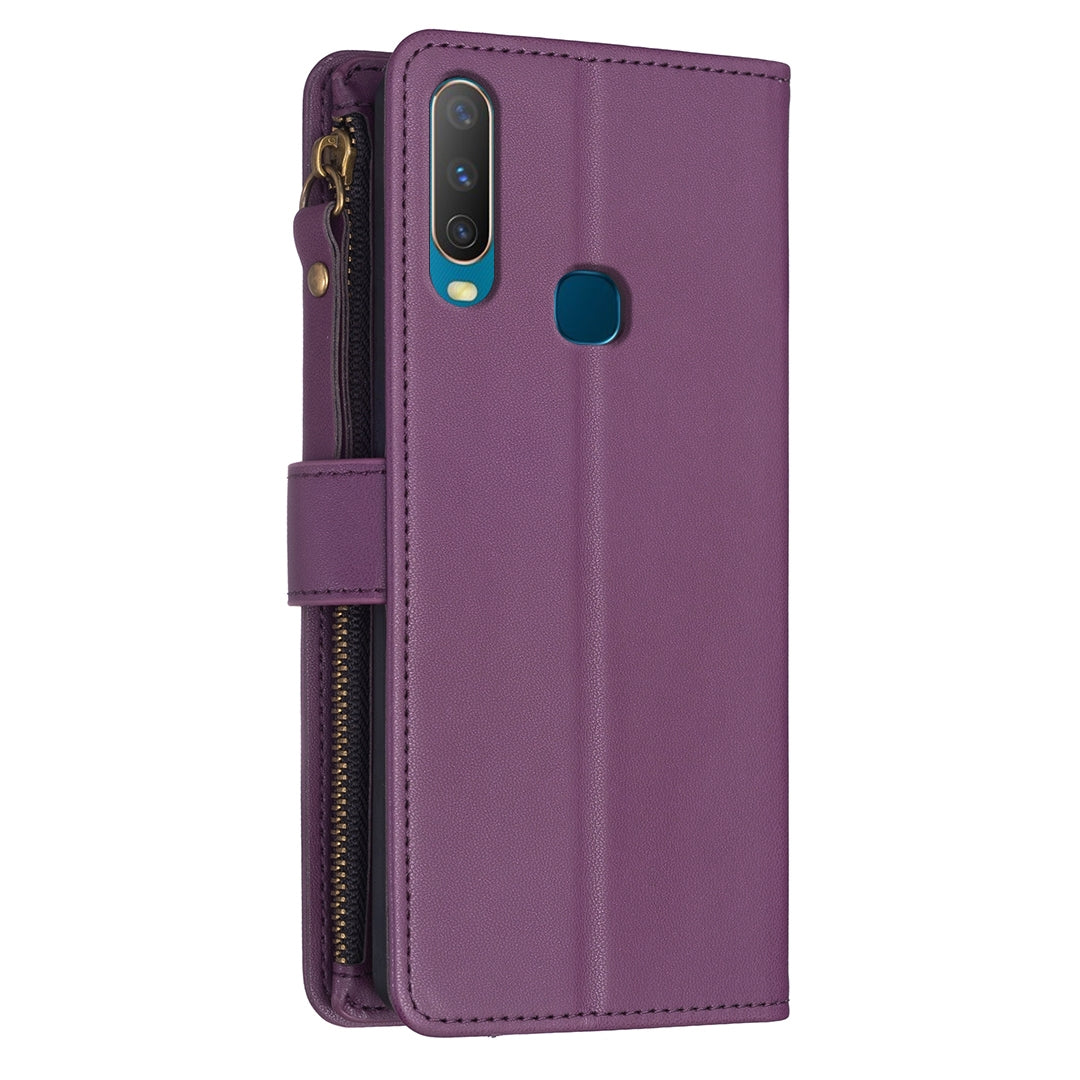 vivo Y12 Leather Flip Wallet Phone Case with 9 Card Slots, Zipper Compartment, and Adjustable Stand