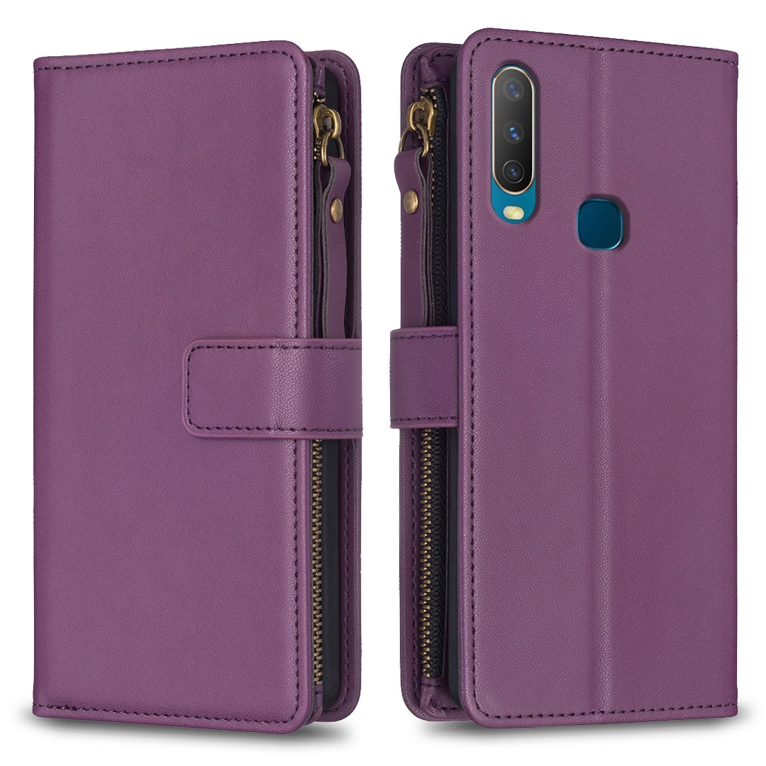vivo Y17 Leather Flip Wallet Phone Case with 9 Card Slots, Zipper Compartment, and Adjustable Stand