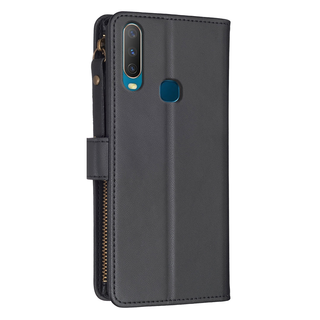 vivo Y11 Leather Flip Wallet Phone Case with 9 Card Slots, Zipper Compartment, and Adjustable Stand