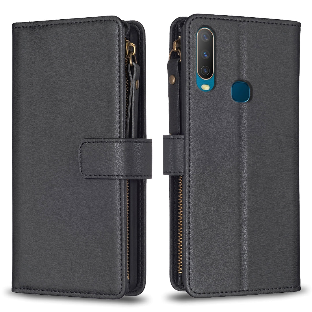 vivo Y17 Leather Flip Wallet Phone Case with 9 Card Slots, Zipper Compartment, and Adjustable Stand