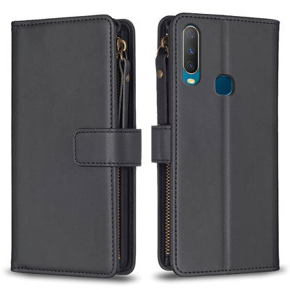 vivo Y17 Leather Flip Wallet Phone Case with 9 Card Slots, Zipper Compartment, and Adjustable Stand