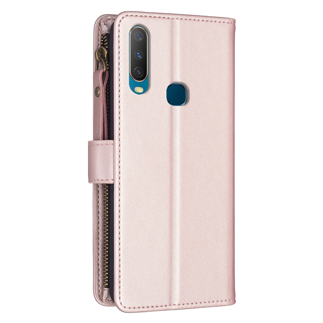 vivo Y15 Leather Flip Wallet Phone Case with 9 Card Slots, Zipper Compartment, and Adjustable Stand