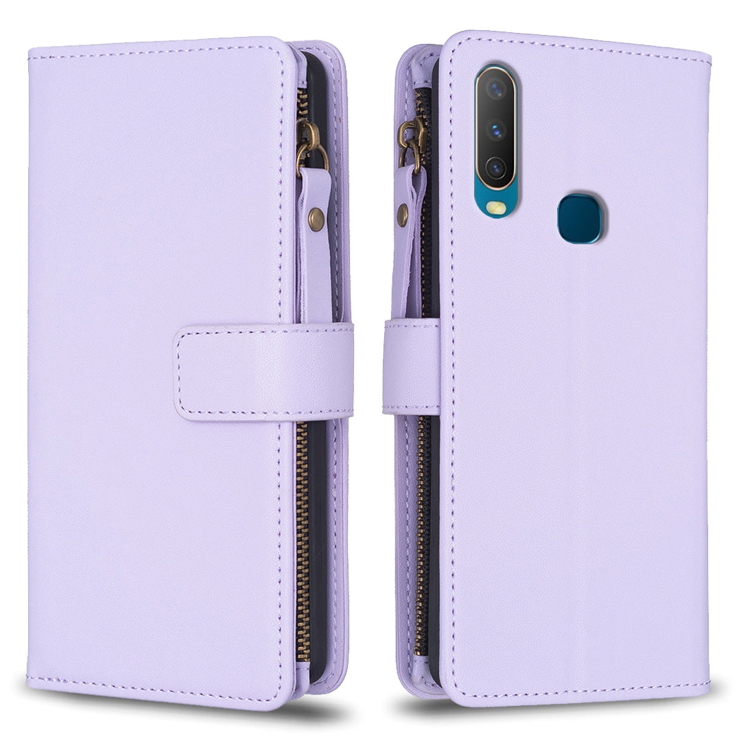 vivo Y17 Leather Flip Wallet Phone Case with 9 Card Slots, Zipper Compartment, and Adjustable Stand