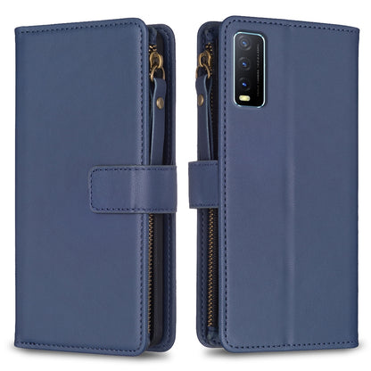 vivo Y20 Leather Flip Wallet Phone Case with 9 Card Slots, Zipper Compartment, and Adjustable Stand
