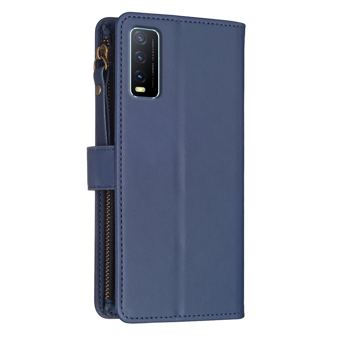 vivo Y20 Leather Flip Wallet Phone Case with 9 Card Slots, Zipper Compartment, and Adjustable Stand