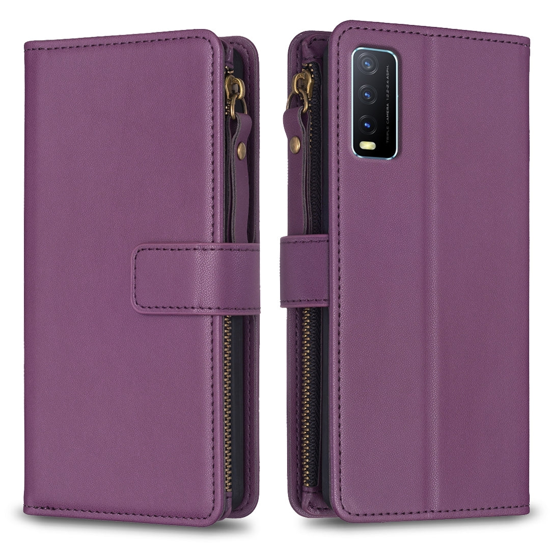 vivo Y20 Leather Flip Wallet Phone Case with 9 Card Slots, Zipper Compartment, and Adjustable Stand