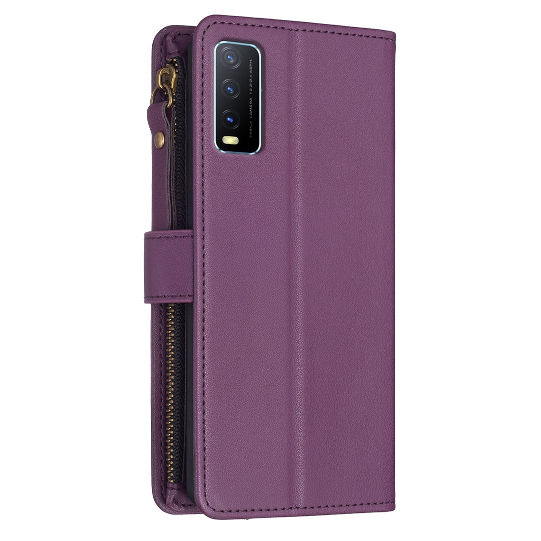 vivo Y20 Leather Flip Wallet Phone Case with 9 Card Slots, Zipper Compartment, and Adjustable Stand