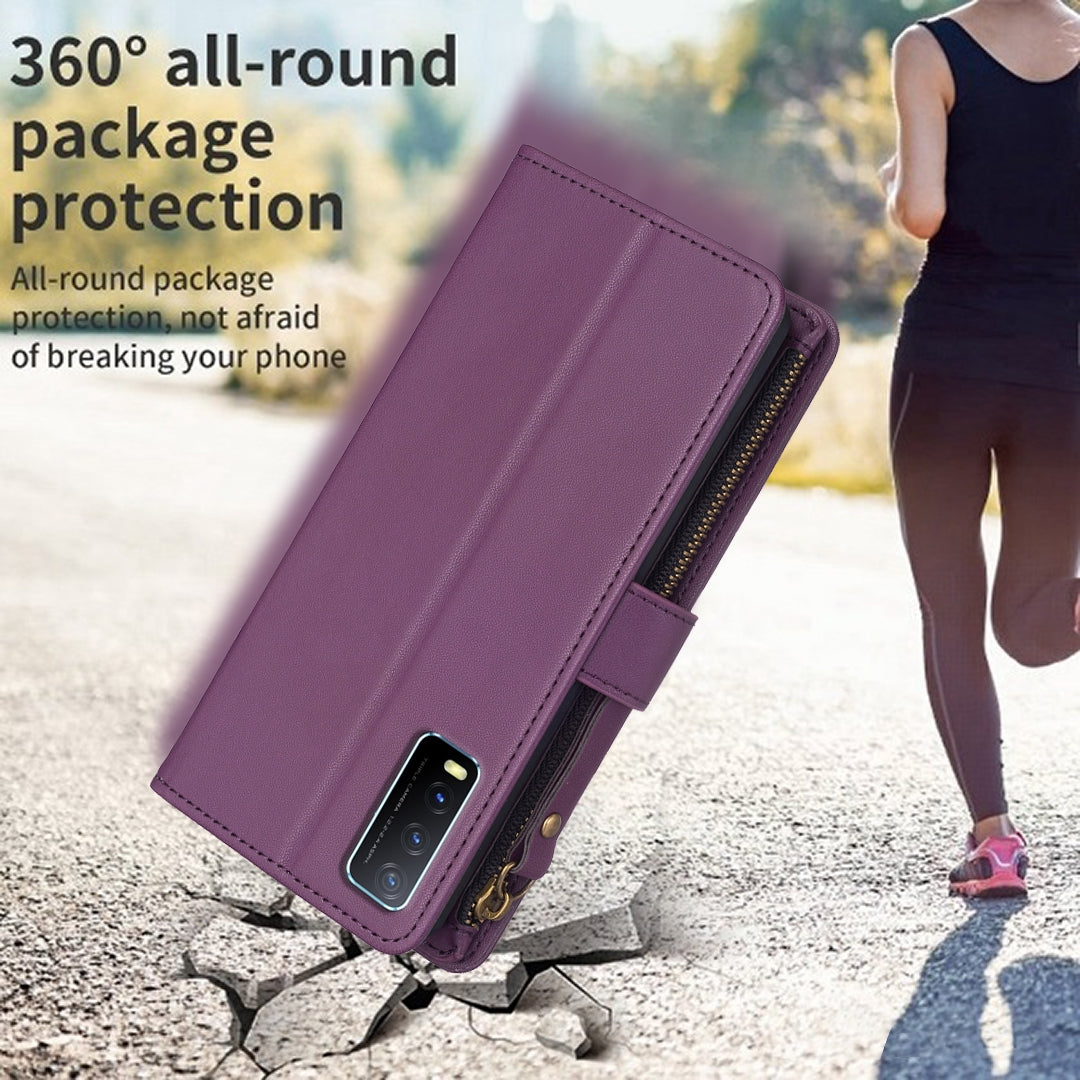 vivo Y20 Leather Flip Wallet Phone Case with 9 Card Slots, Zipper Compartment, and Adjustable Stand