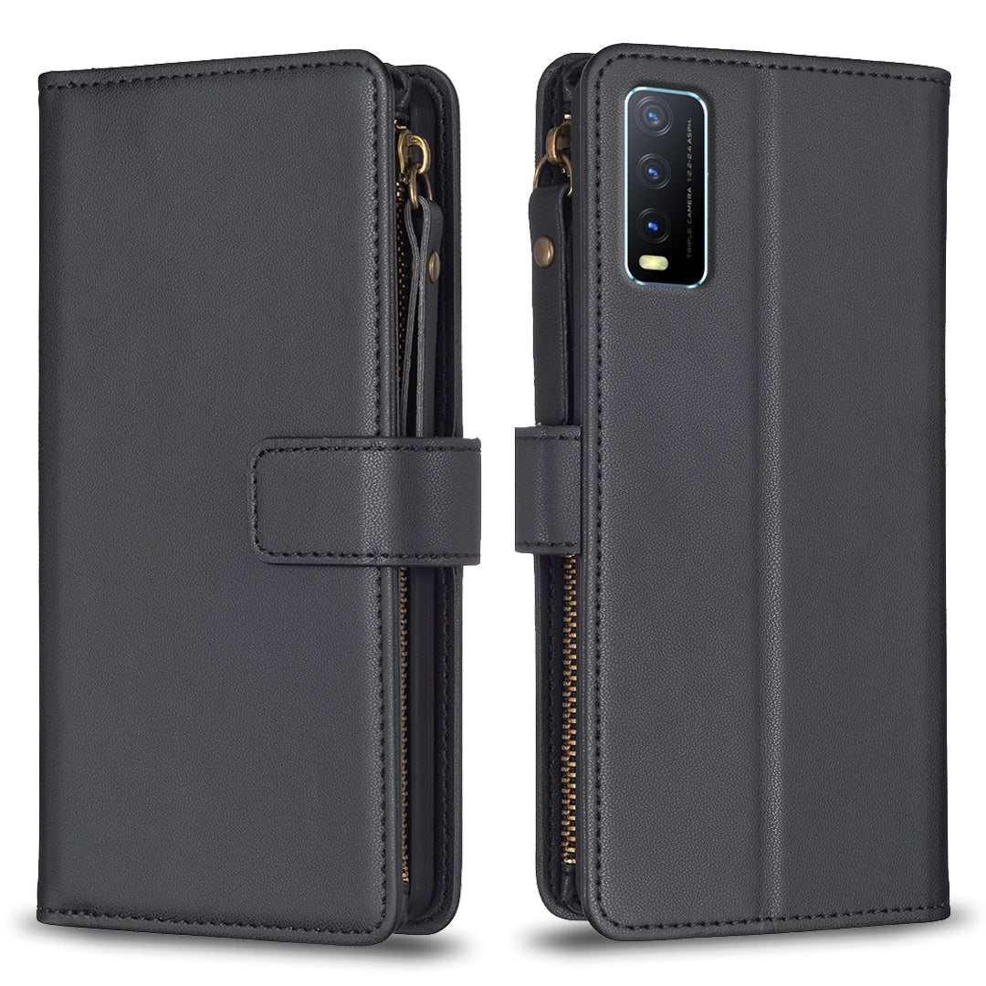 vivo Y20 Leather Flip Wallet Phone Case with 9 Card Slots, Zipper Compartment, and Adjustable Stand