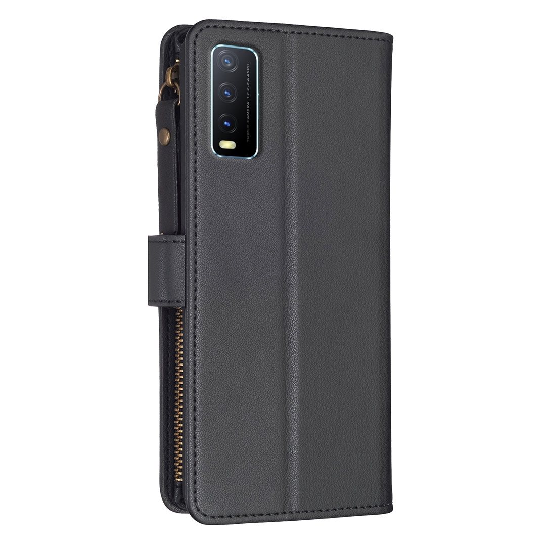 vivo Y20 Leather Flip Wallet Phone Case with 9 Card Slots, Zipper Compartment, and Adjustable Stand