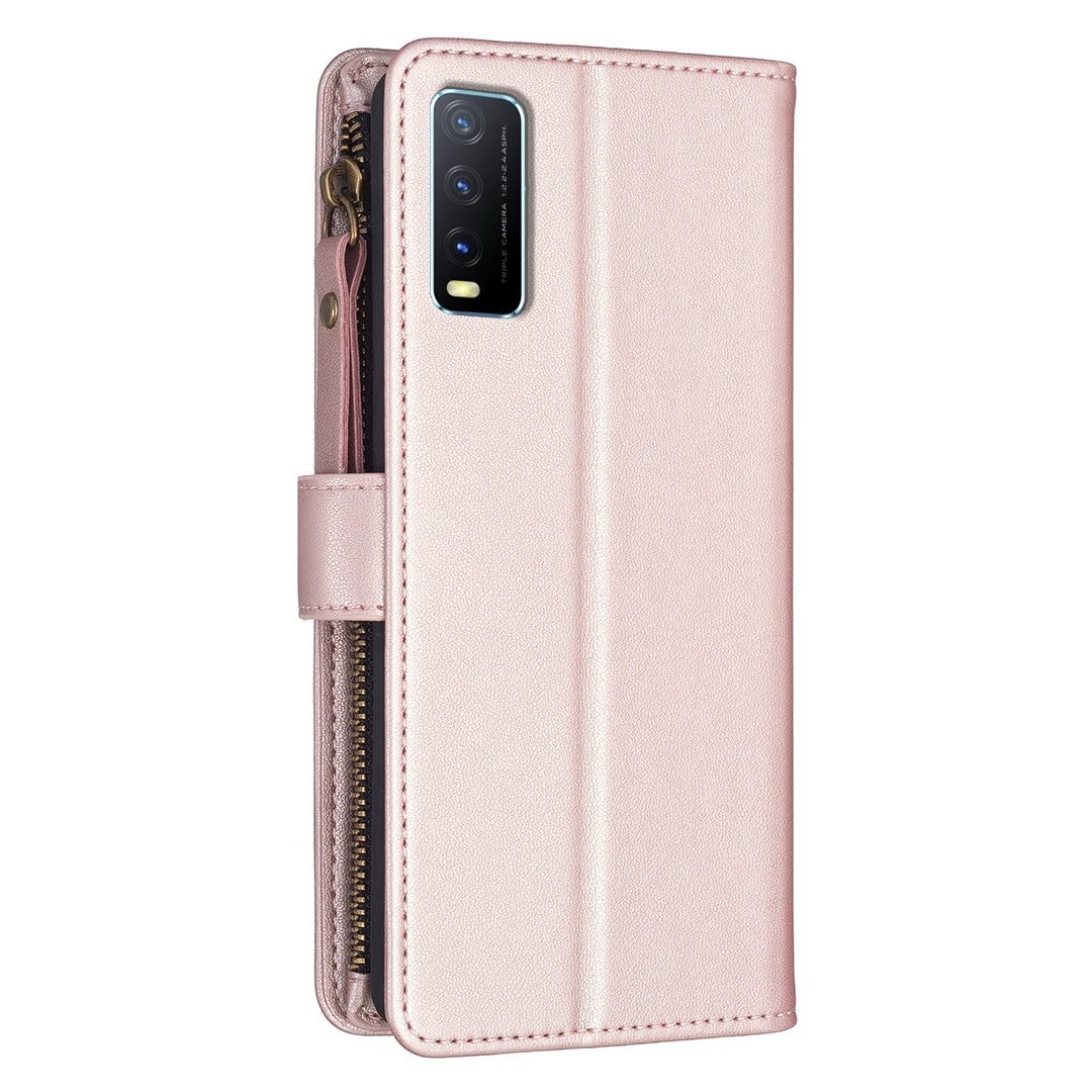 vivo Y20 Leather Flip Wallet Phone Case with 9 Card Slots, Zipper Compartment, and Adjustable Stand