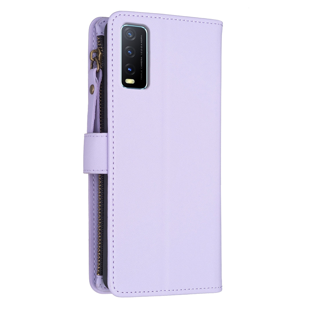 vivo Y20 Leather Flip Wallet Phone Case with 9 Card Slots, Zipper Compartment, and Adjustable Stand