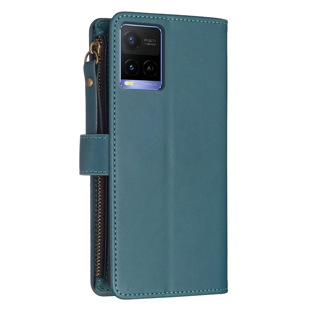 vivo Y33s Leather Flip Wallet Phone Case with 9 Card Slots, Zipper Compartment, and Adjustable Stand