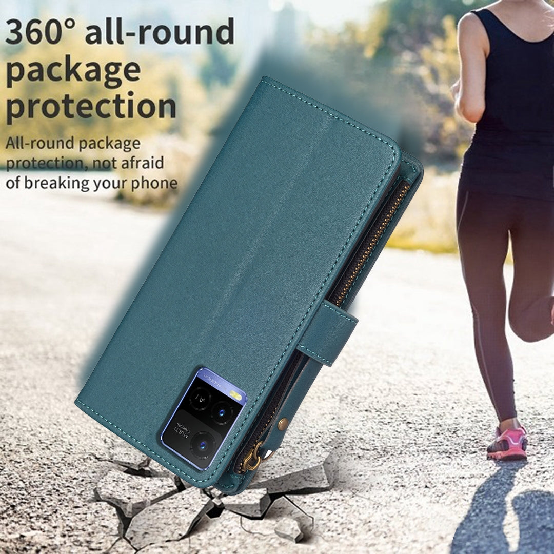 vivo Y21 Leather Flip Wallet Phone Case with 9 Card Slots, Zipper Compartment, and Adjustable Stand