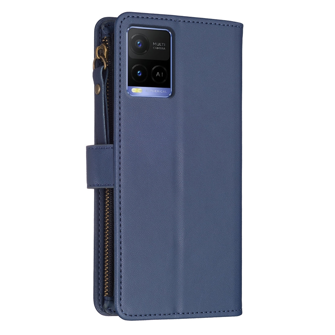 vivo Y21 Leather Flip Wallet Phone Case with 9 Card Slots, Zipper Compartment, and Adjustable Stand