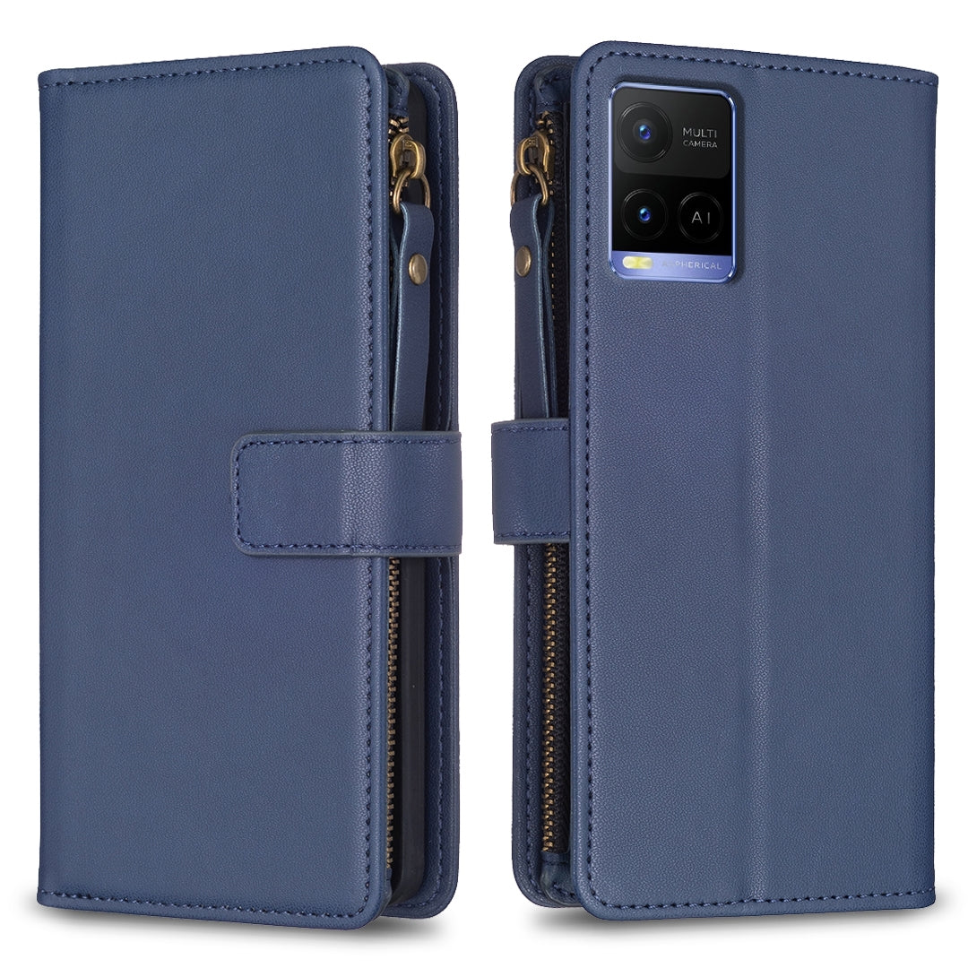 vivo Y33s Leather Flip Wallet Phone Case with 9 Card Slots, Zipper Compartment, and Adjustable Stand
