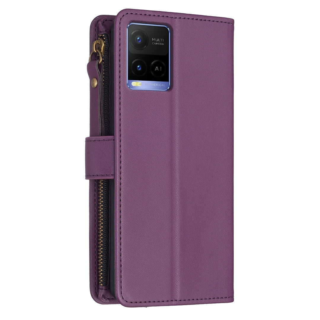 vivo Y21s Leather Flip Wallet Phone Case with 9 Card Slots, Zipper Compartment, and Adjustable Stand