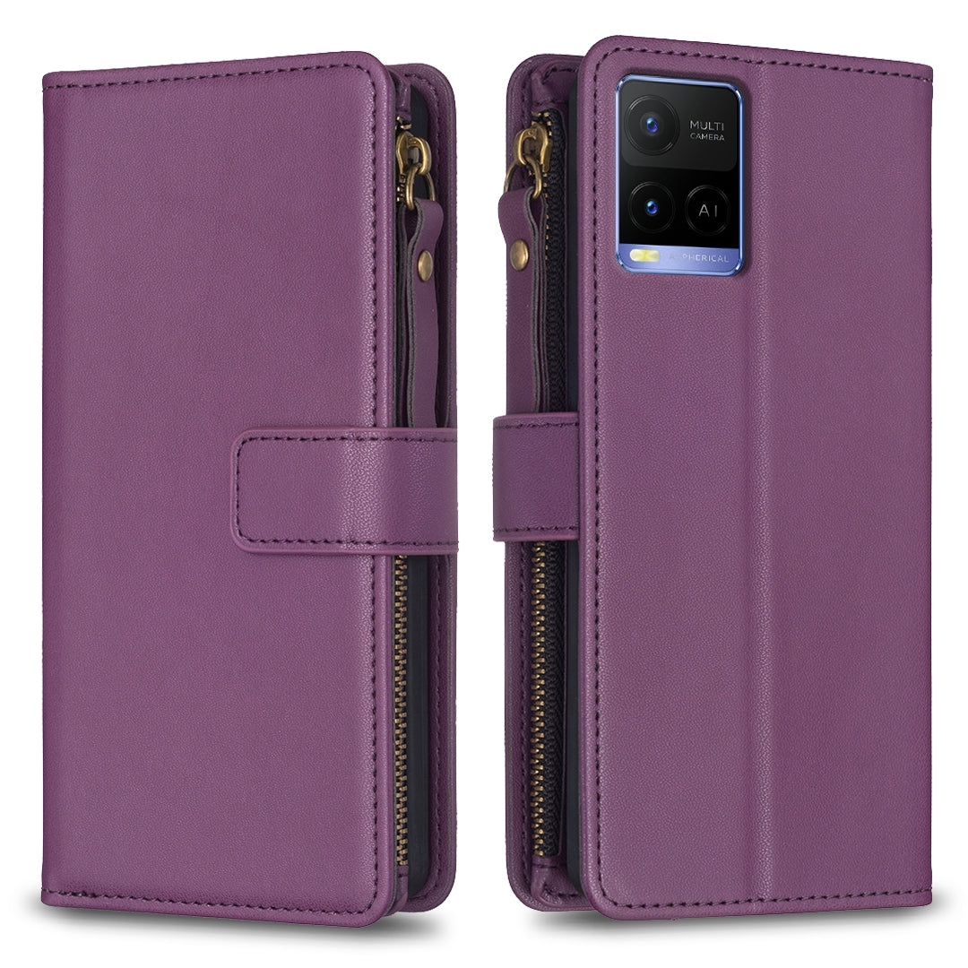 vivo Y33s Leather Flip Wallet Phone Case with 9 Card Slots, Zipper Compartment, and Adjustable Stand