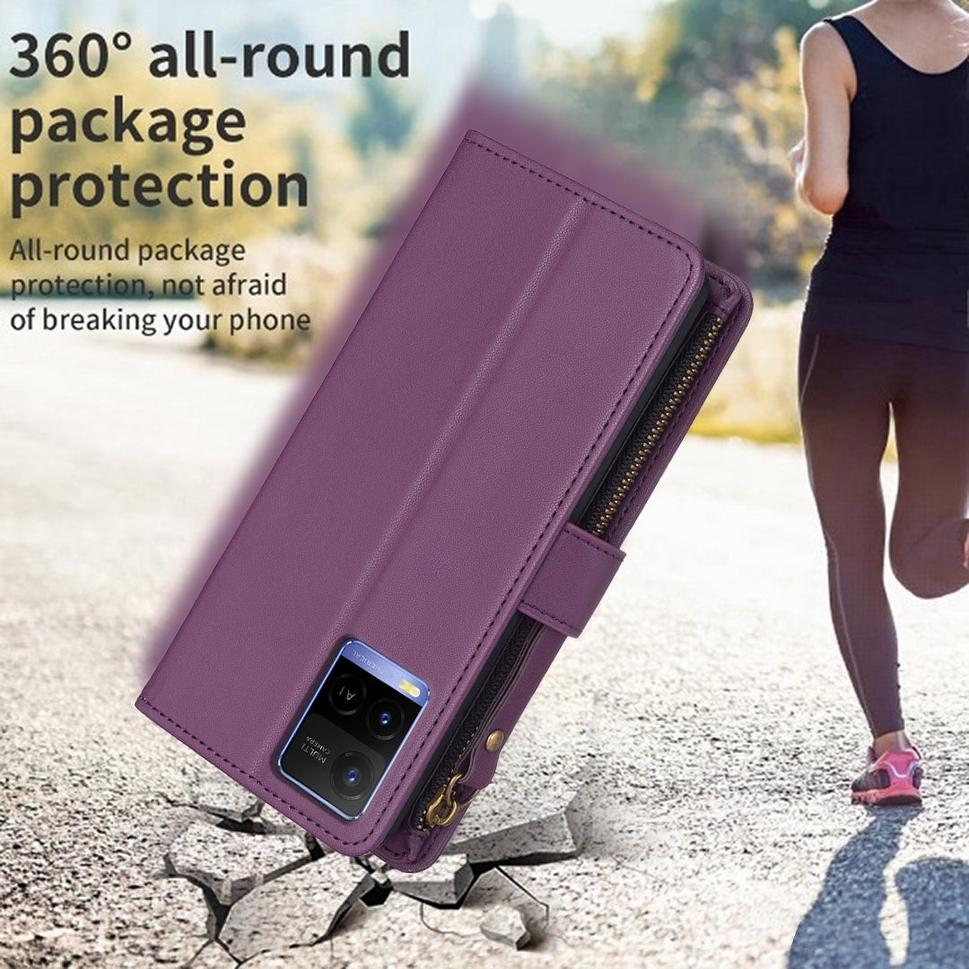 vivo Y21 Leather Flip Wallet Phone Case with 9 Card Slots, Zipper Compartment, and Adjustable Stand