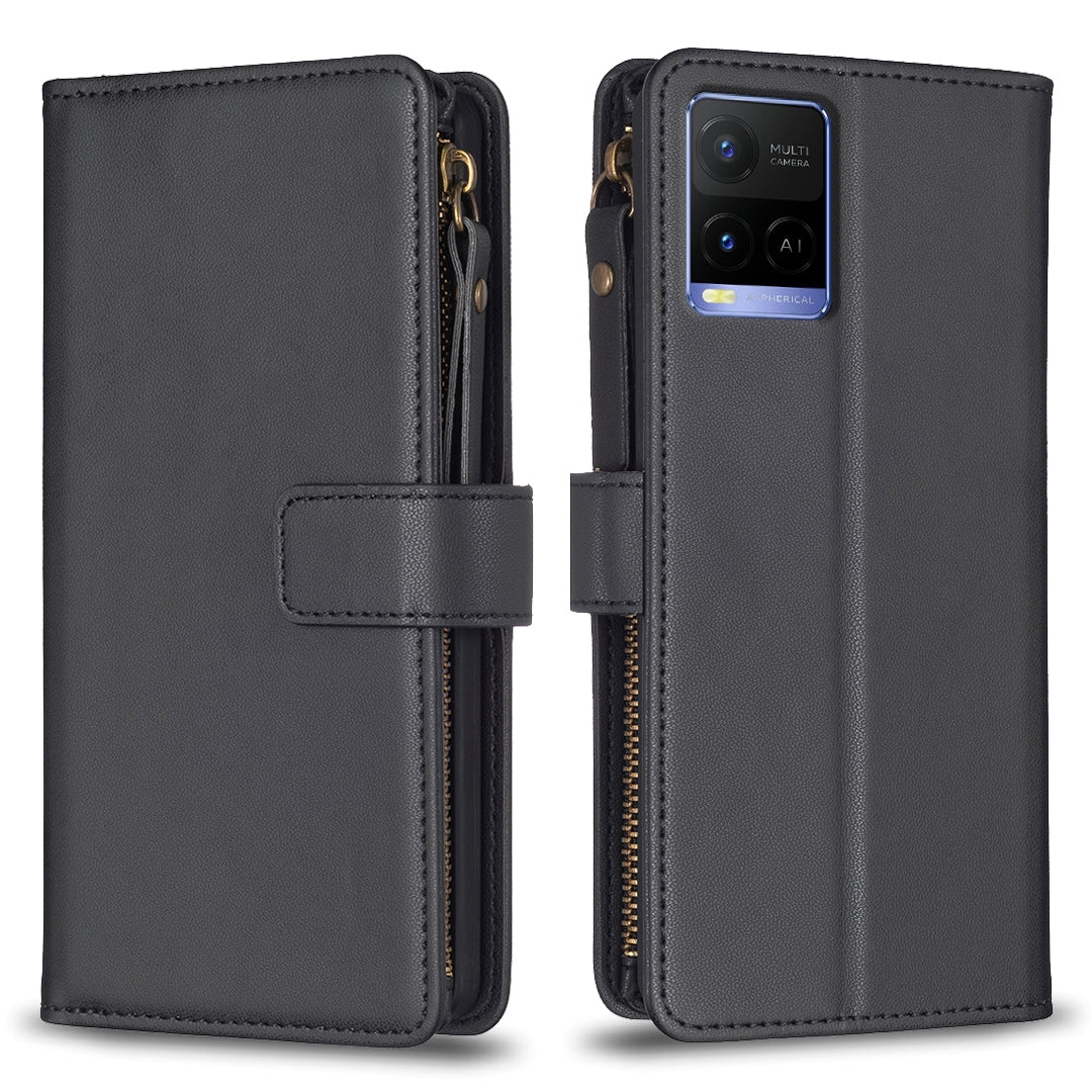 vivo Y21 Leather Flip Wallet Phone Case with 9 Card Slots, Zipper Compartment, and Adjustable Stand