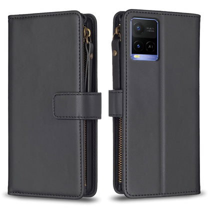 vivo Y21 Leather Flip Wallet Phone Case with 9 Card Slots, Zipper Compartment, and Adjustable Stand