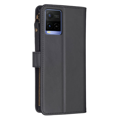 vivo Y33s Leather Flip Wallet Phone Case with 9 Card Slots, Zipper Compartment, and Adjustable Stand