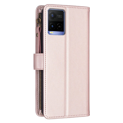 vivo Y33s Leather Flip Wallet Phone Case with 9 Card Slots, Zipper Compartment, and Adjustable Stand