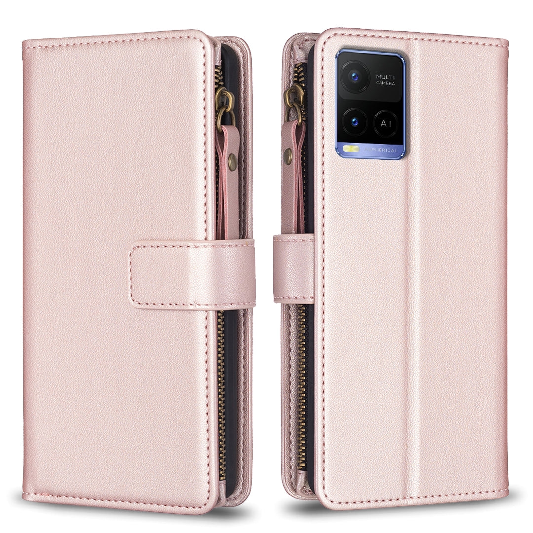 vivo Y33s Leather Flip Wallet Phone Case with 9 Card Slots, Zipper Compartment, and Adjustable Stand