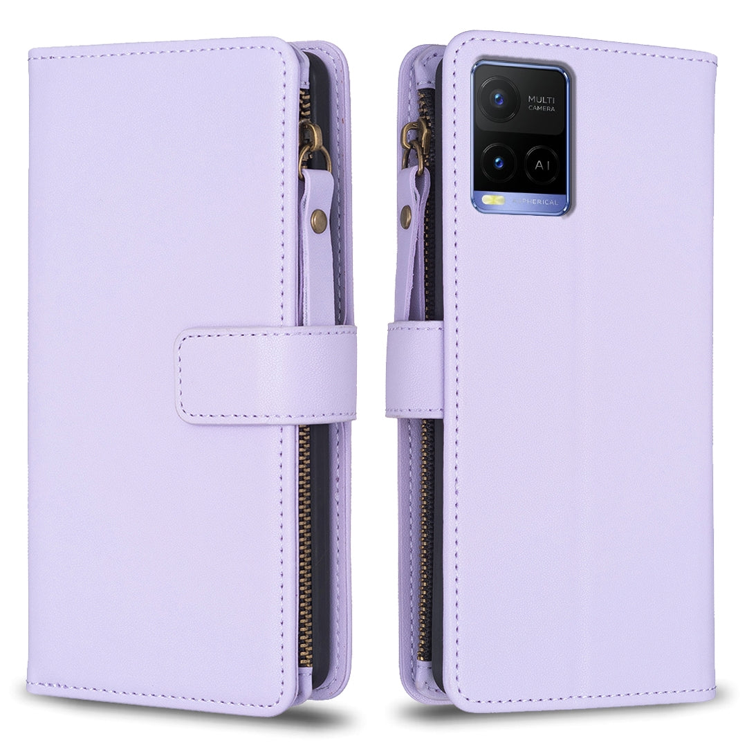 vivo Y33s Leather Flip Wallet Phone Case with 9 Card Slots, Zipper Compartment, and Adjustable Stand