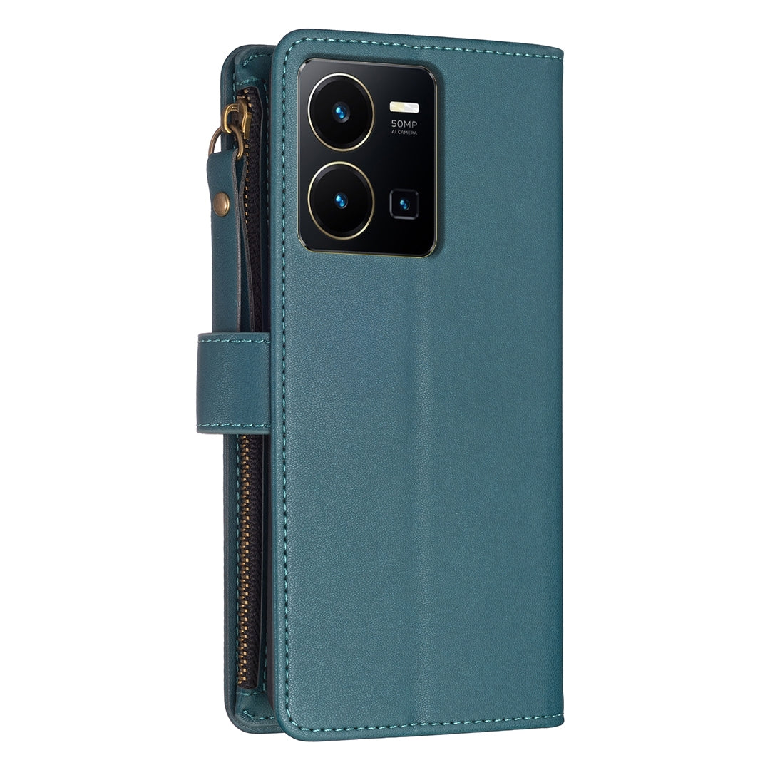 vivo Y22s Leather Flip Wallet Phone Case with 9 Card Slots, Zipper Compartment, and Adjustable Stand