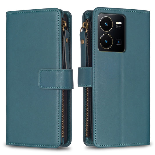 vivo Y22s Leather Flip Wallet Phone Case with 9 Card Slots, Zipper Compartment, and Adjustable Stand