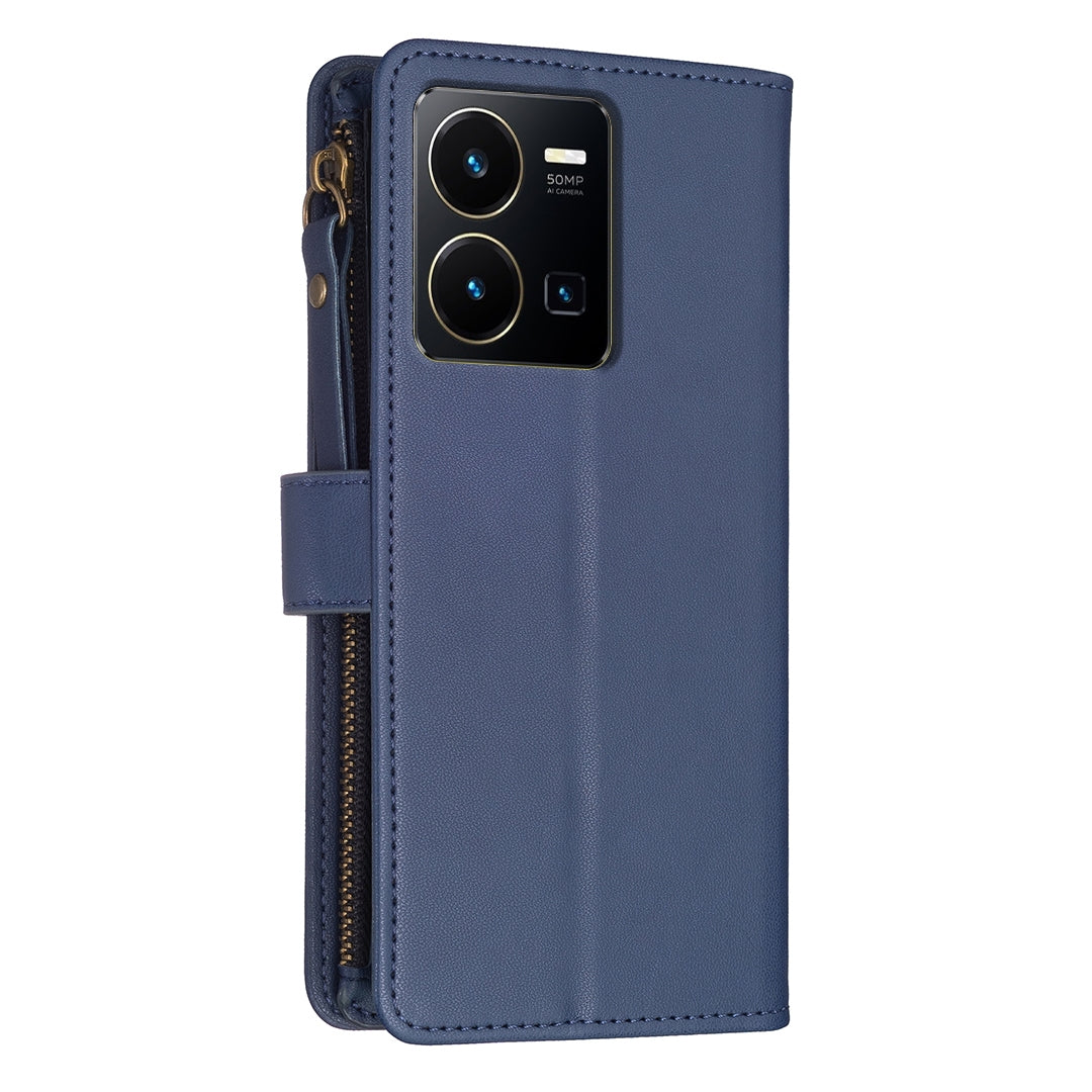 vivo Y22s Leather Flip Wallet Phone Case with 9 Card Slots, Zipper Compartment, and Adjustable Stand