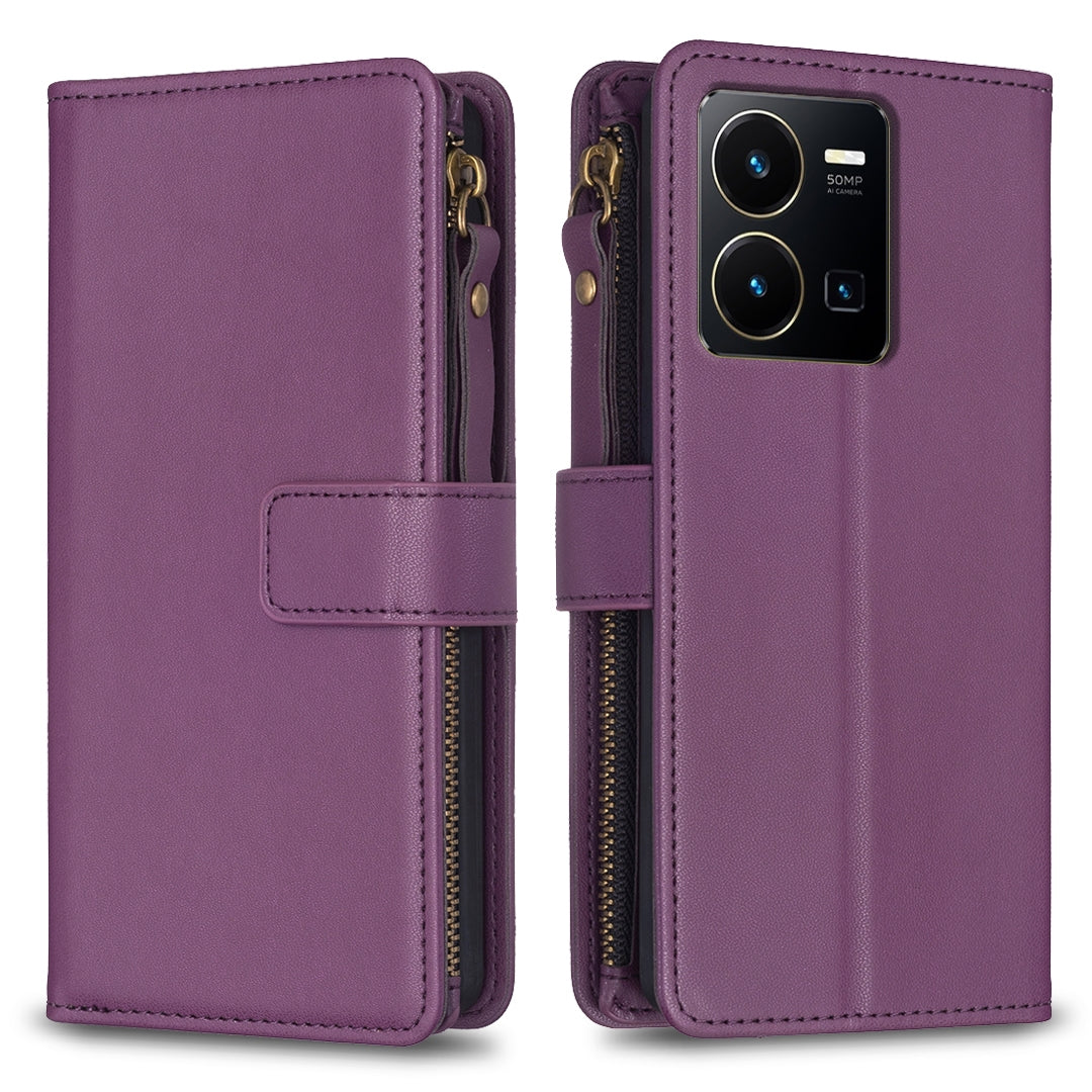 vivo Y35 4G Leather Flip Wallet Phone Case with 9 Card Slots, Zipper Compartment, and Adjustable Stand