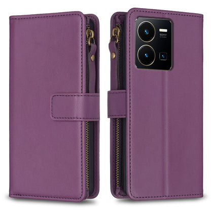 vivo Y35 4G Leather Flip Wallet Phone Case with 9 Card Slots, Zipper Compartment, and Adjustable Stand