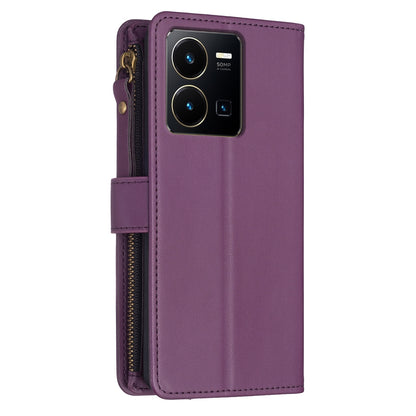vivo Y22s Leather Flip Wallet Phone Case with 9 Card Slots, Zipper Compartment, and Adjustable Stand