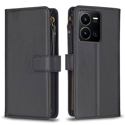 vivo Y35 4G Leather Flip Wallet Phone Case with 9 Card Slots, Zipper Compartment, and Adjustable Stand